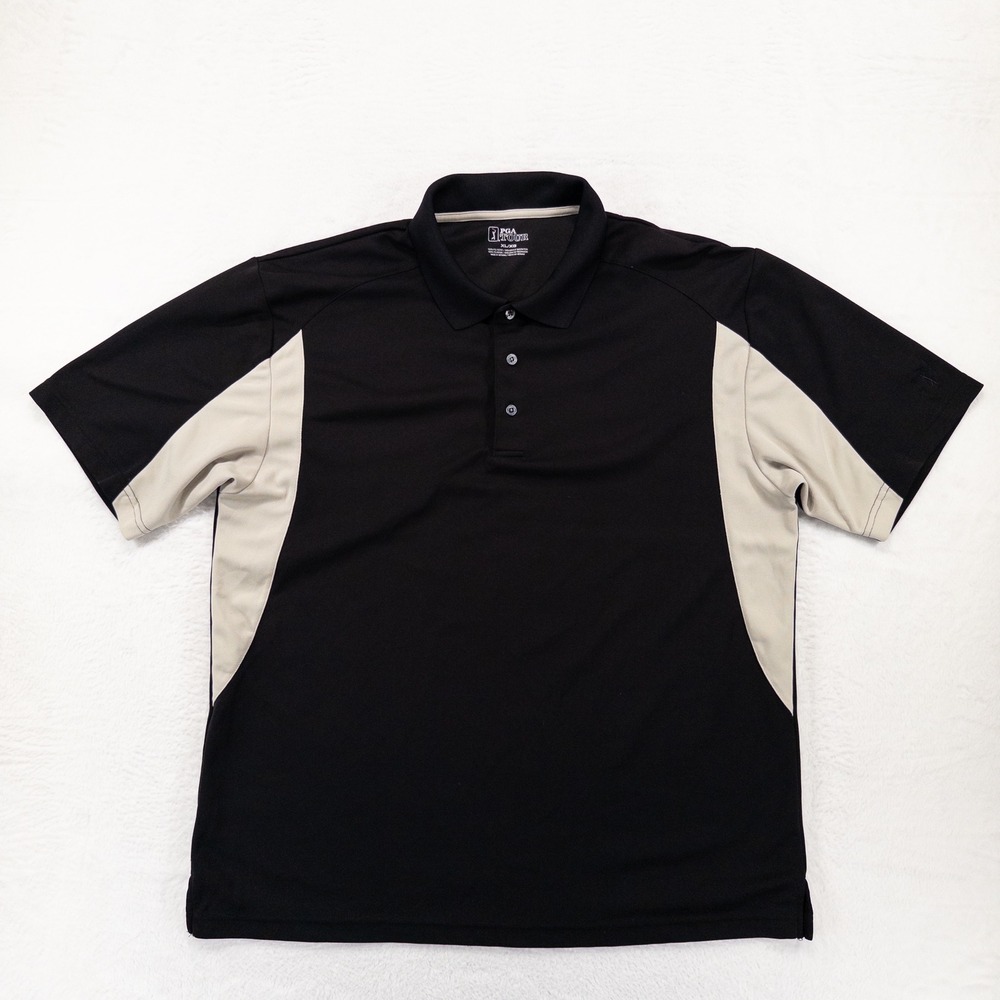 PGA Tour Mens Polo Shirt XL Black Tan Colorblock Short Sleeve Golf Performance